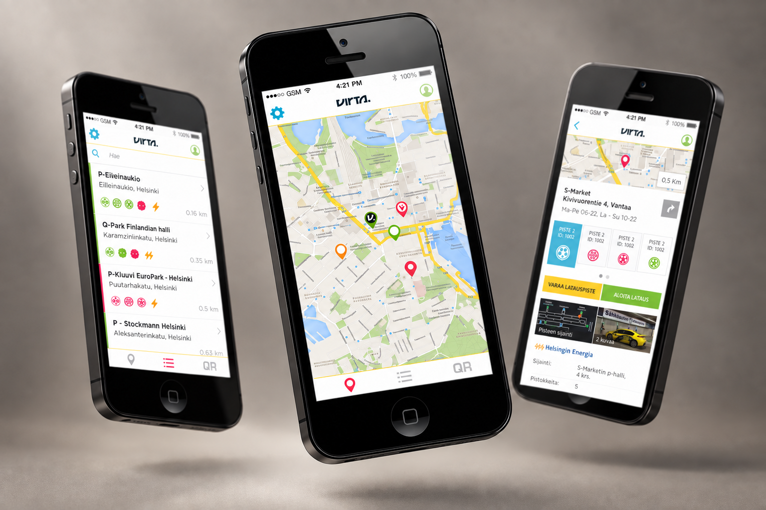 Virtapiste app on three phones